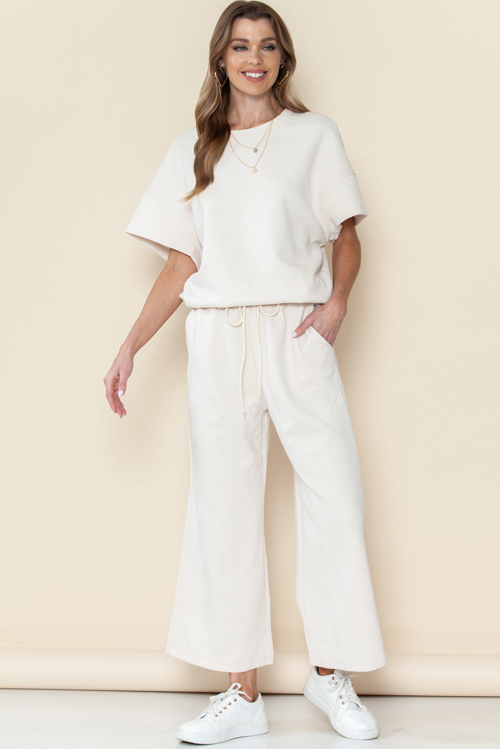 Textured Loose Fit T Shirt and Drawstring Pants Set