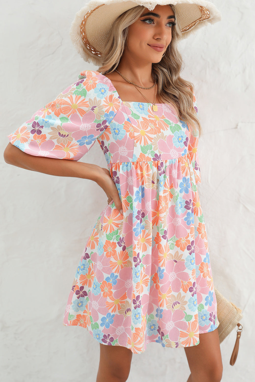 Rose Summer Floral Square Neck Puff Sleeve Babydoll Dress