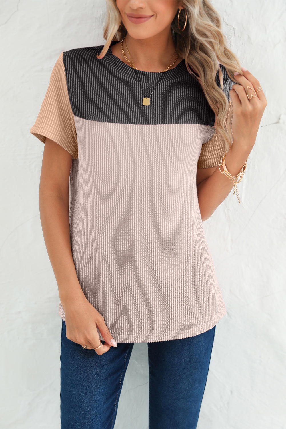 Ribbed Textured Colorblock T Shirt