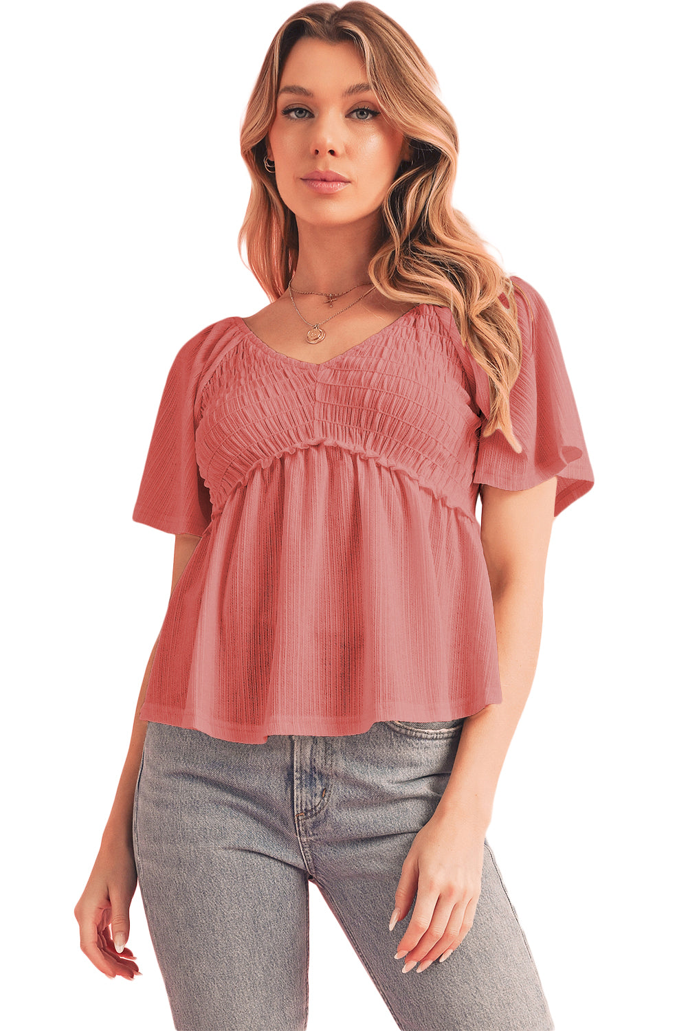 Shirred V Neck Short Flutter Sleeve Textured Blouse