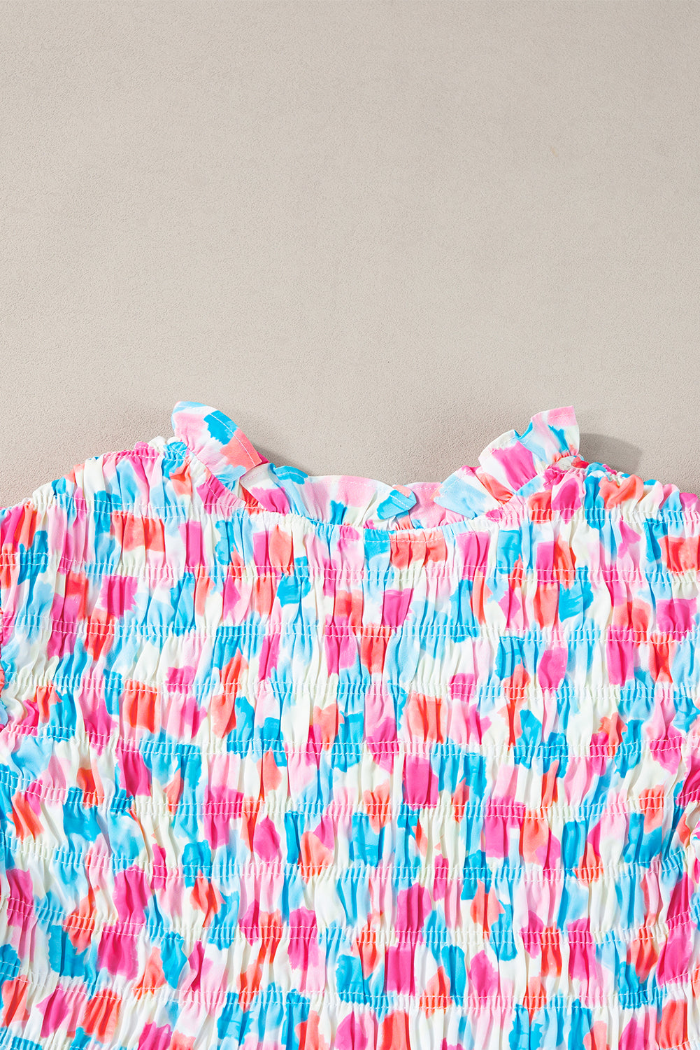 Sky Blue Smocked Frill Neck Yoke Ruffle Abstract Blouse