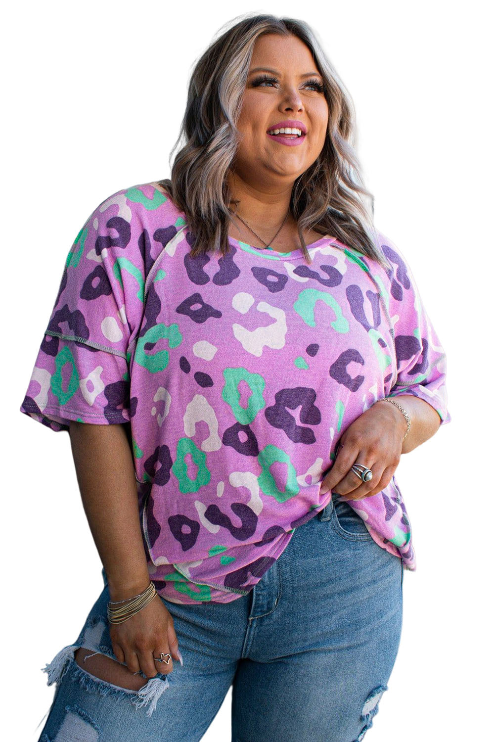 Purple Leopard Print Plus Size Short Sleeve Tee