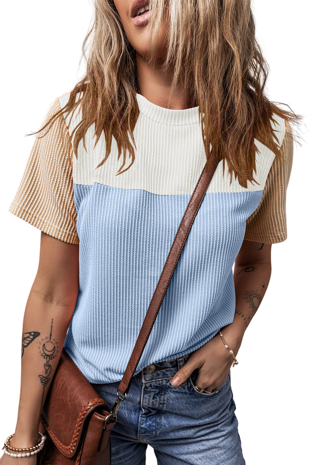 Ribbed Textured Colorblock T Shirt