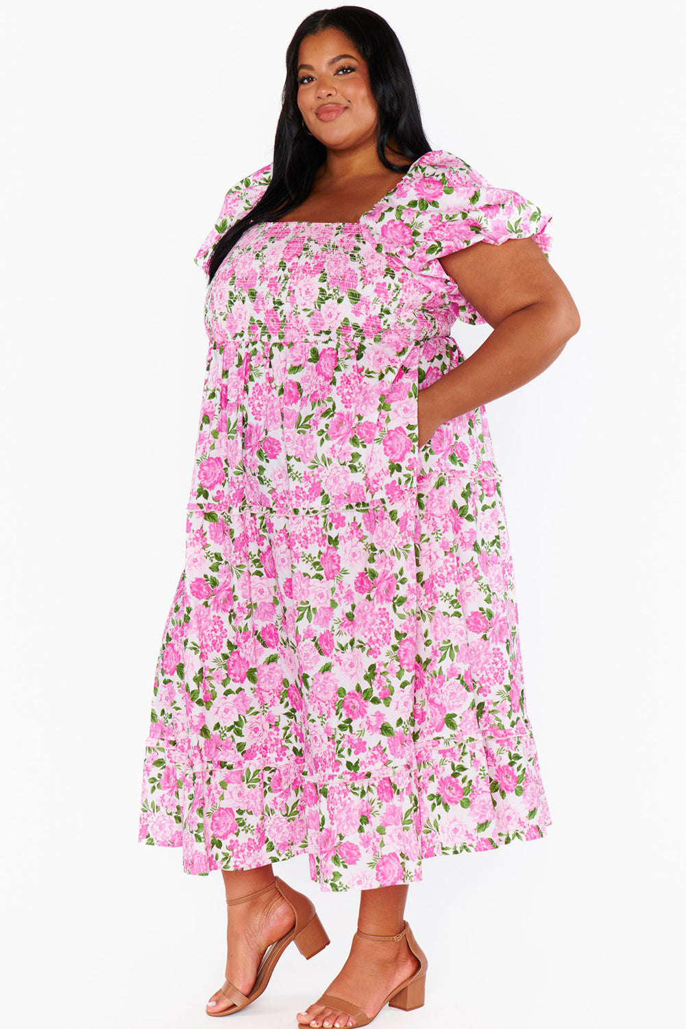 Pink Plus Size Floral Print Smocked Puff Sleeve Maxi Dress