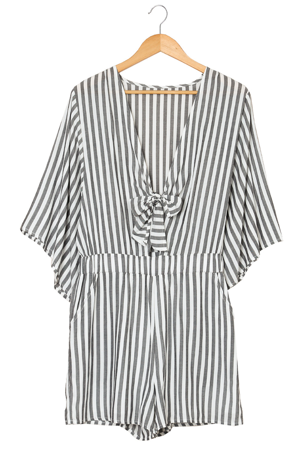 Grey Striped Print Tie Knot Front Romper With Pockets