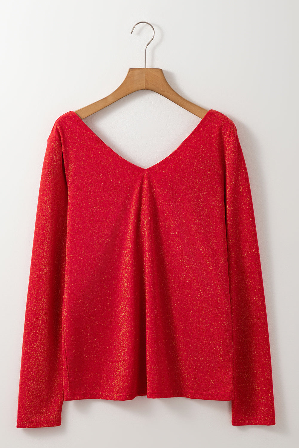 Racing Red Sweet Bowknot Backless V Neck Long Sleeve Top