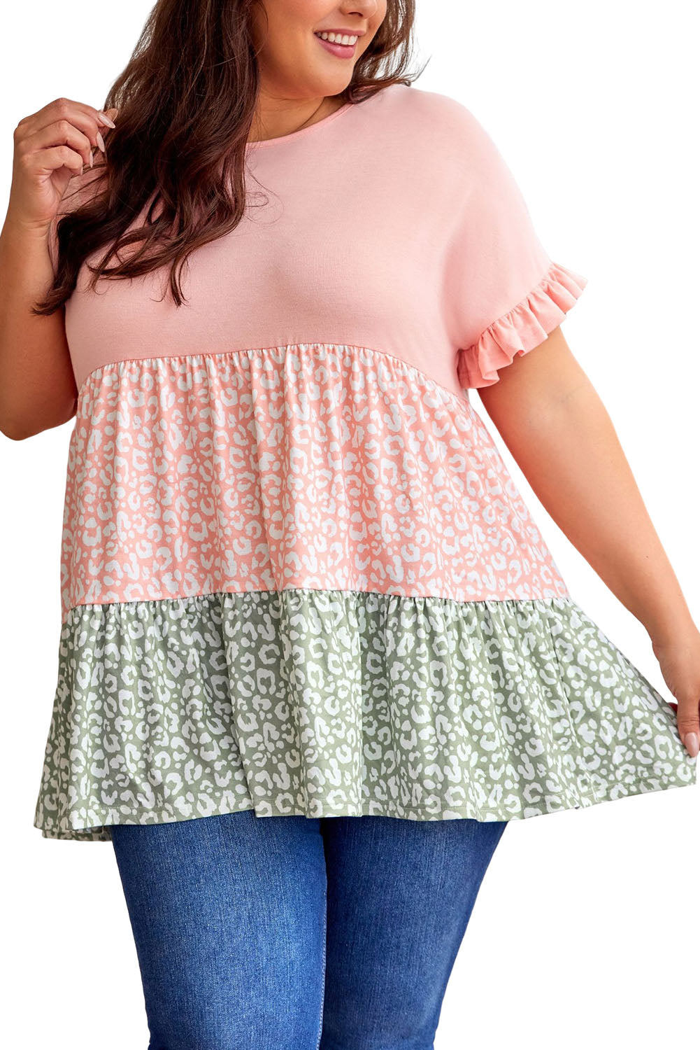 Pink Ruffled Short Sleeve Leopard Splicing Flowy Plus Size Top