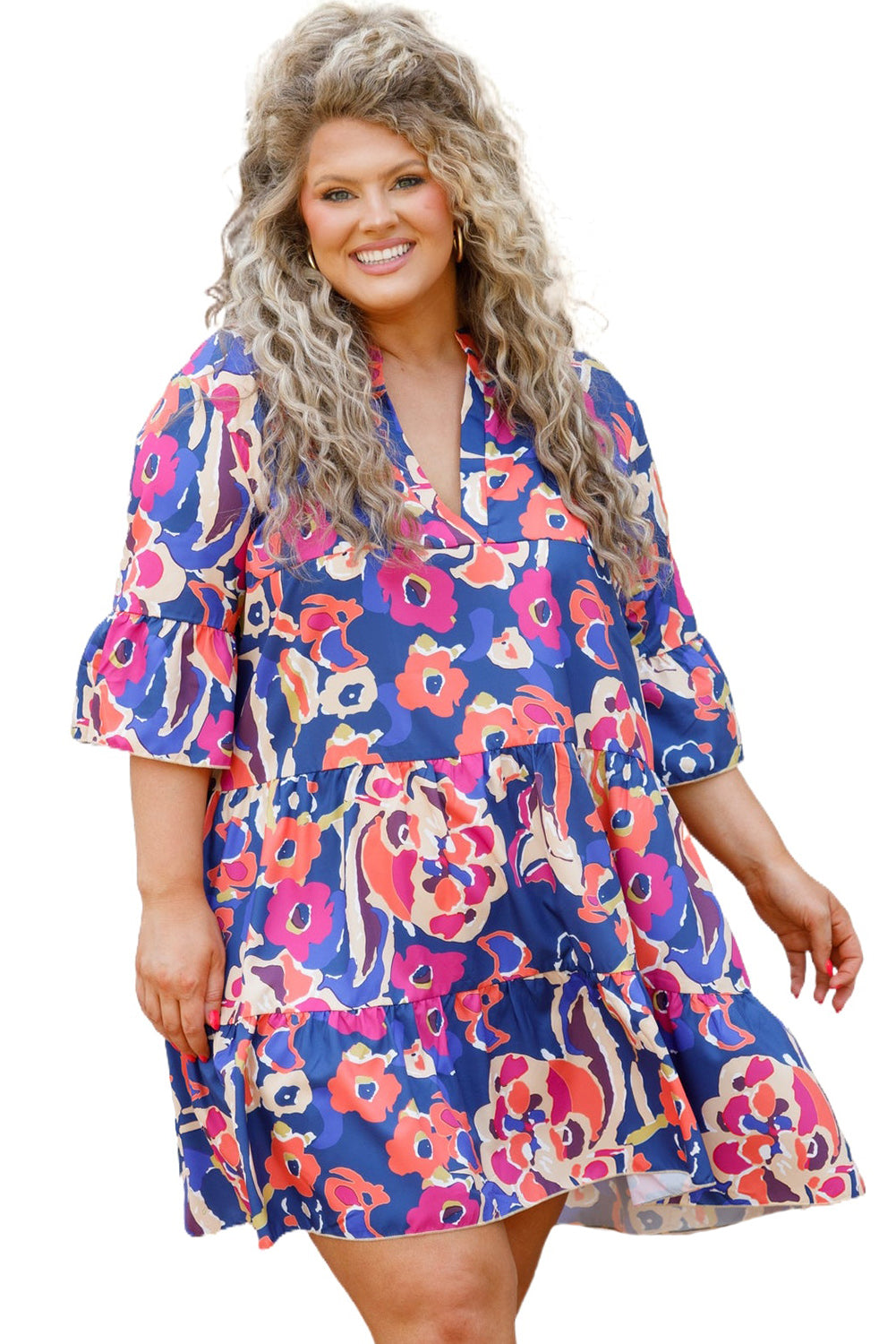 Curvy Blue Floral Print Bell Sleeve Mini Dress