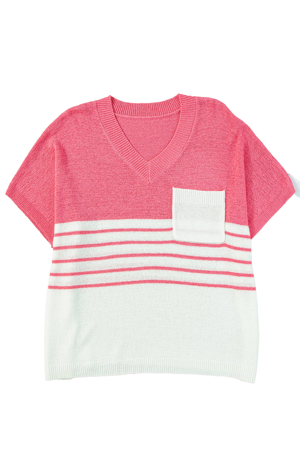 Strawberry Pink Striped Colorblock V Neck Knitted T Shirt