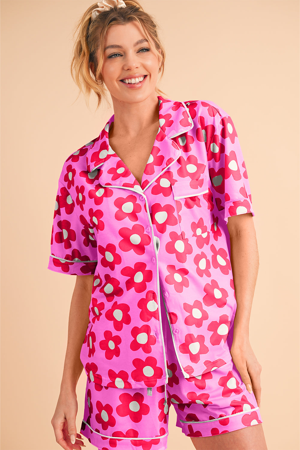 Pink 60s Flower Print Buttoned Shirt and Drawstring Waist Pajama Set