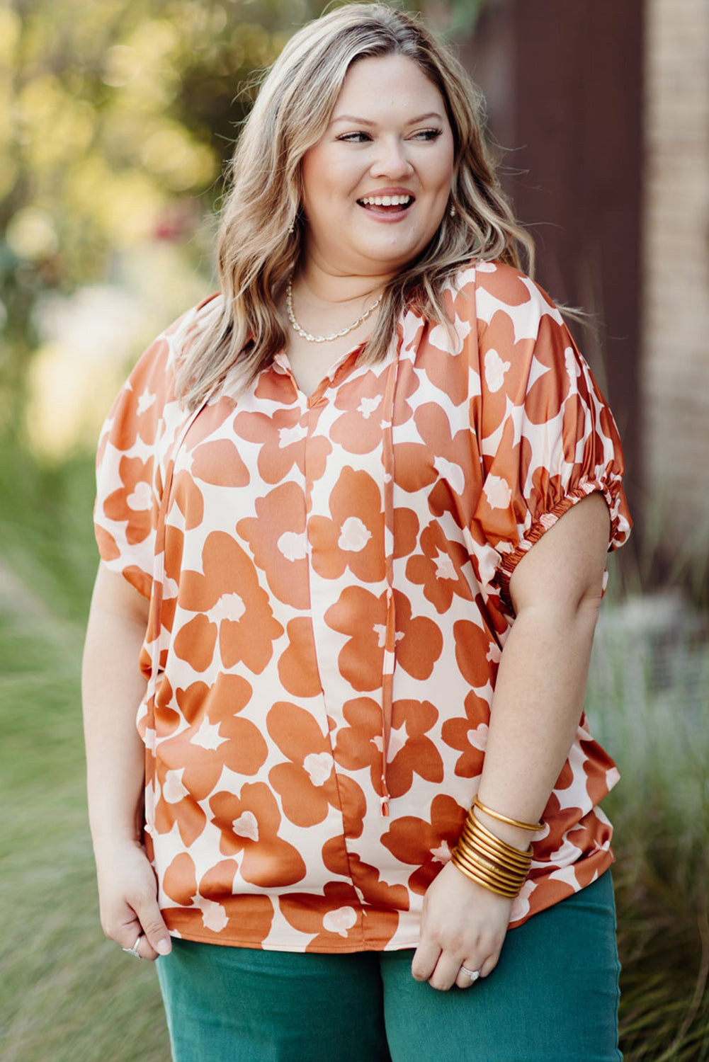 Orange Floral Print Drawstring V Neck Short Sleeve Blouse