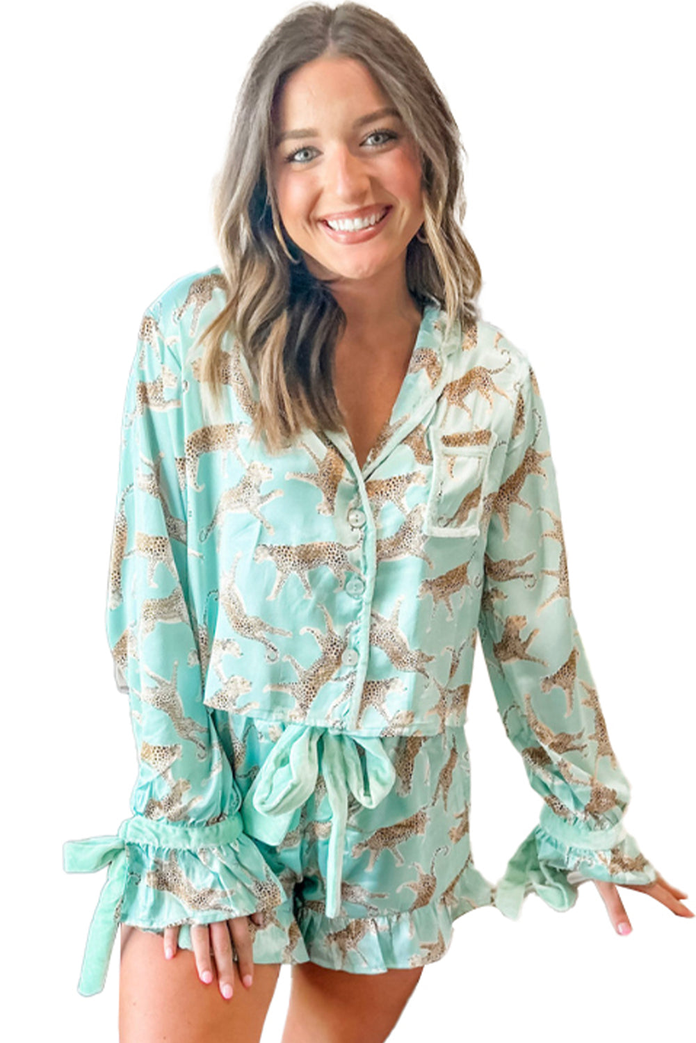 Leopard Satin Ruffle Hem Pajama Set