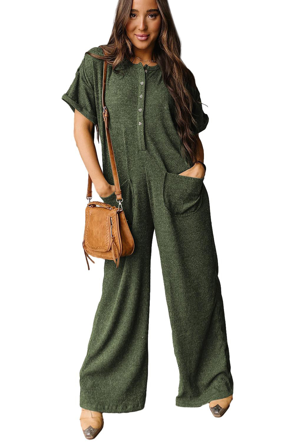 Jungle Green Textured Side Pockets Buttoned Wide Leg Jumpsuit