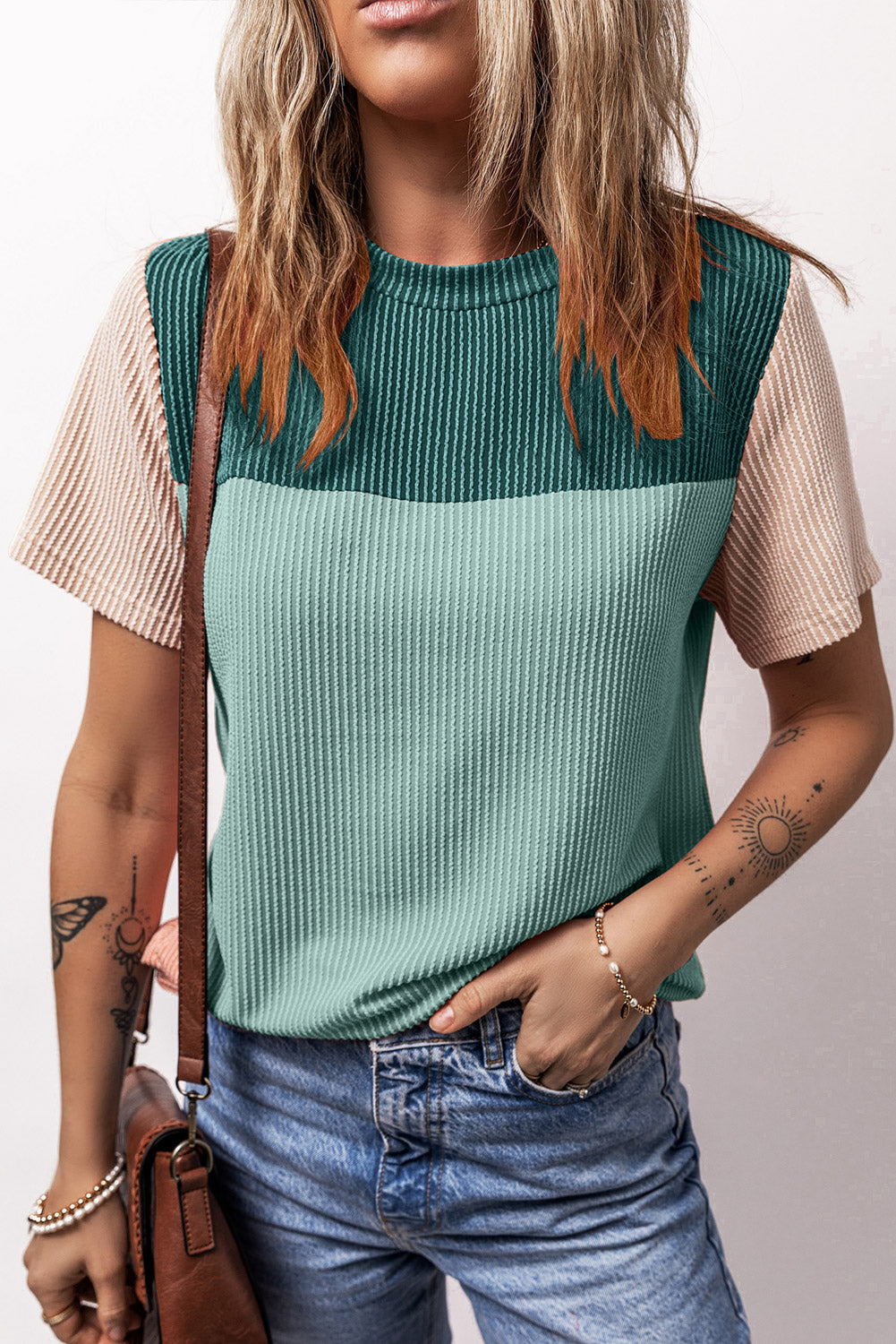 Ribbed Textured Colorblock T Shirt