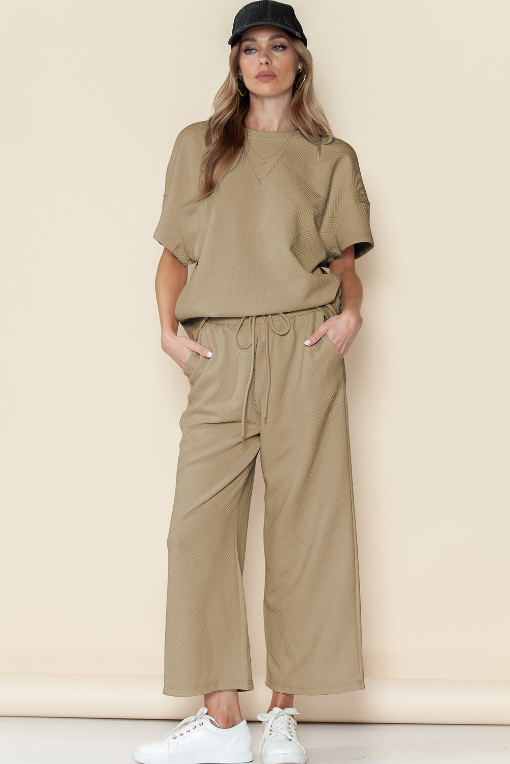 Textured Loose Fit T Shirt and Drawstring Pants Set