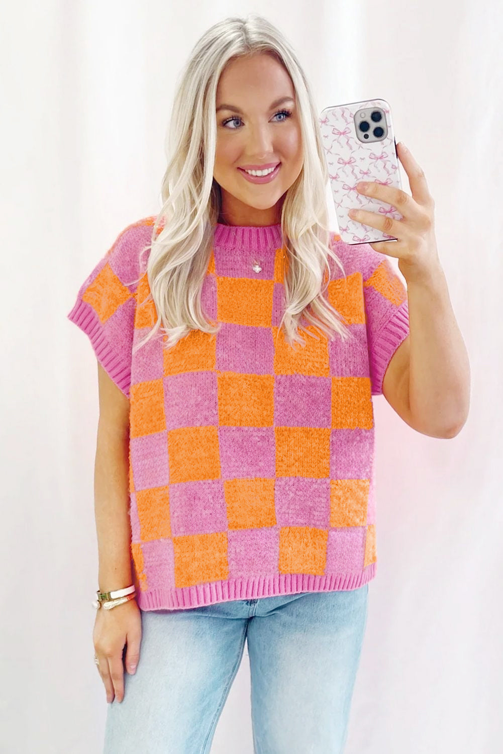 Wholesale Strawberry Pink Colorblock Plaid Knit Dolman Tee