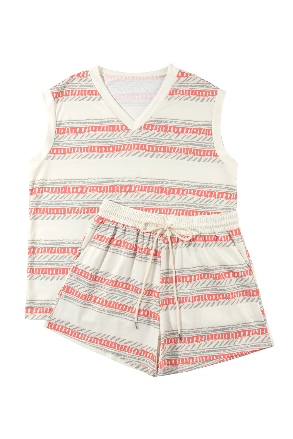 Beige Striped Print Dolman Top & Drawstring Shorts Set