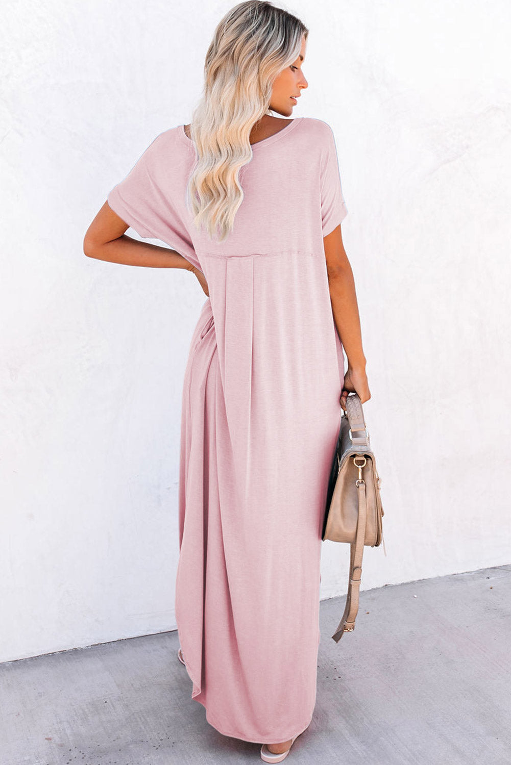 Solid Color Hidden Pocket V Neck Slit Maxi Dress