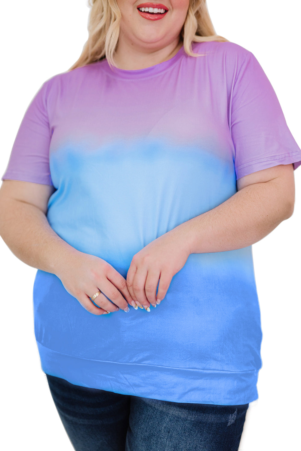 Purple Casual Crew Neck Tie-dye Colorblock Plus Size Tee