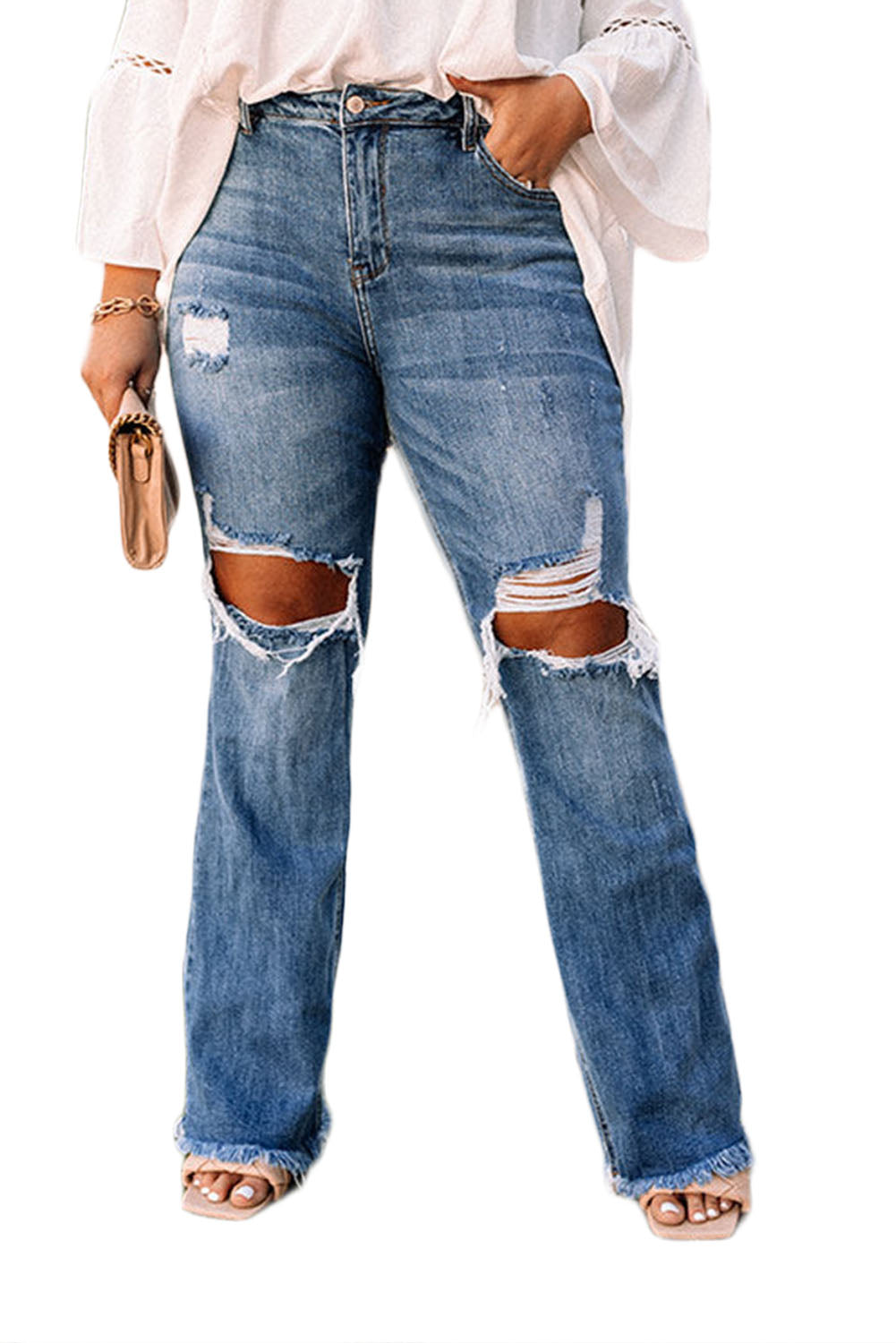 Blue Dark Wash Raw Hem High Waisted Plus Size Ripped Jeans