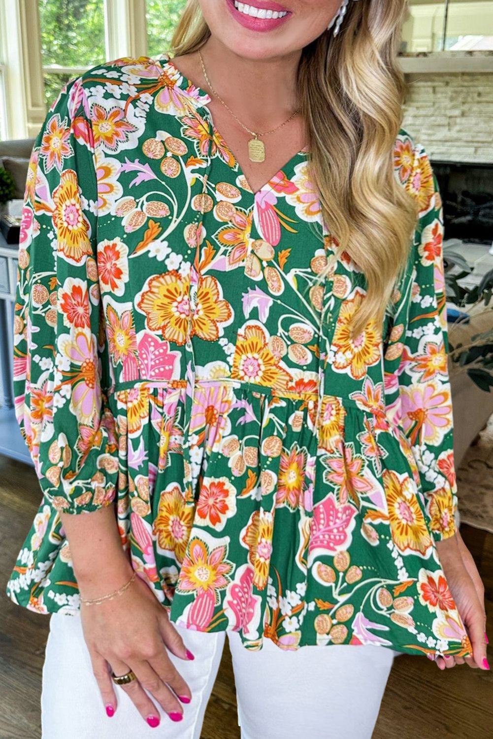 Green Floral Print V Neck Babydoll Top