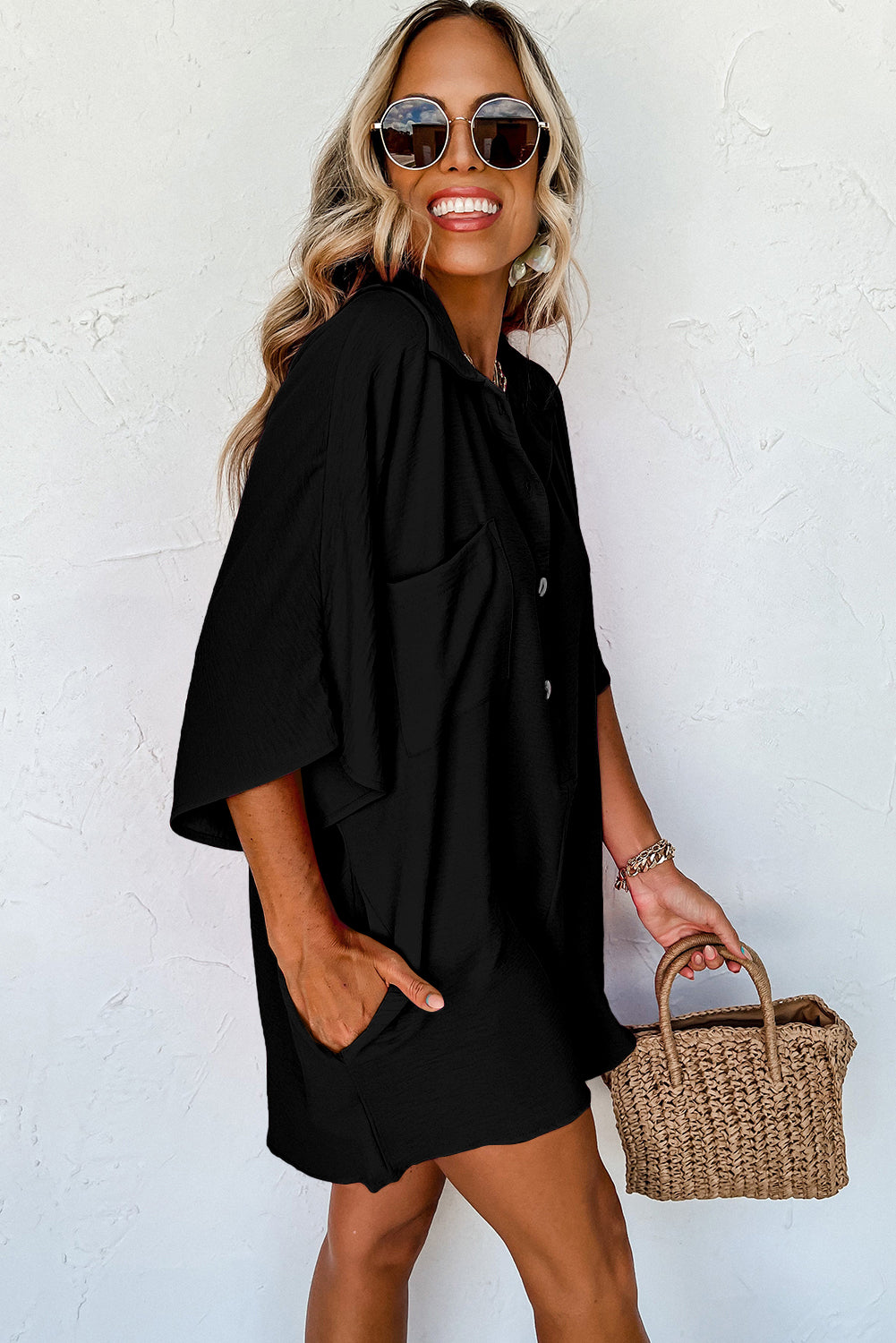 Black Plain Half Button Collared Pocket Loose Romper