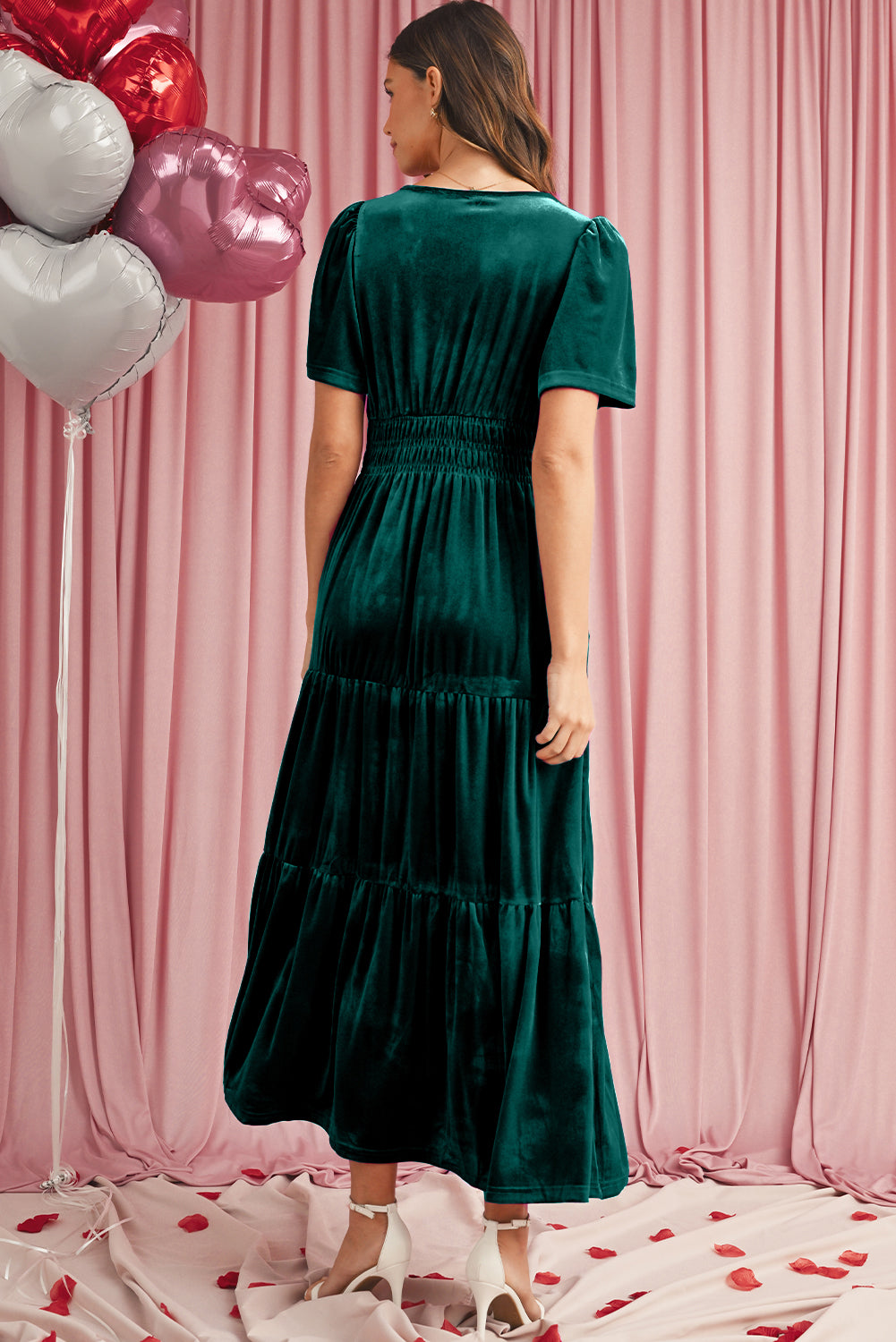 Evergreen Velvet Puff Short Sleeve Smocked Waist Tiered Maxi Dress