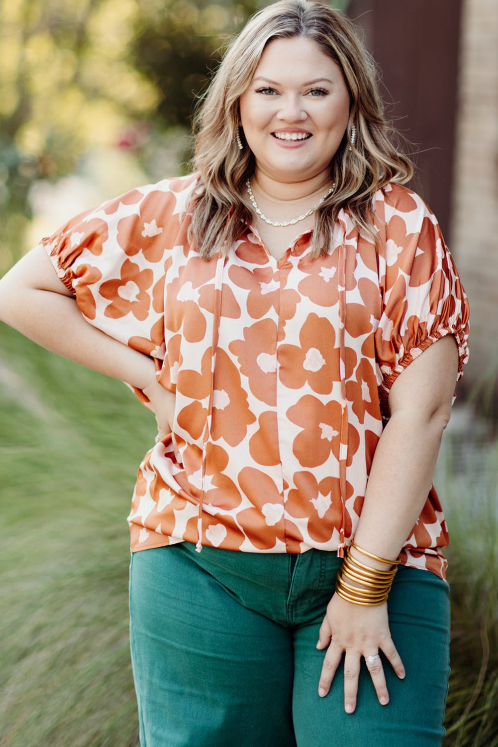 Orange Floral Print Drawstring V Neck Short Sleeve Blouse