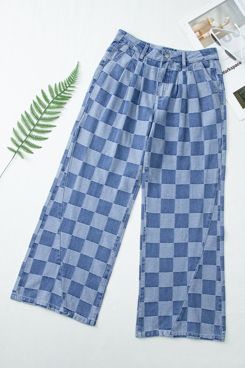 Checkered Light Washed Wide Leg Jeans