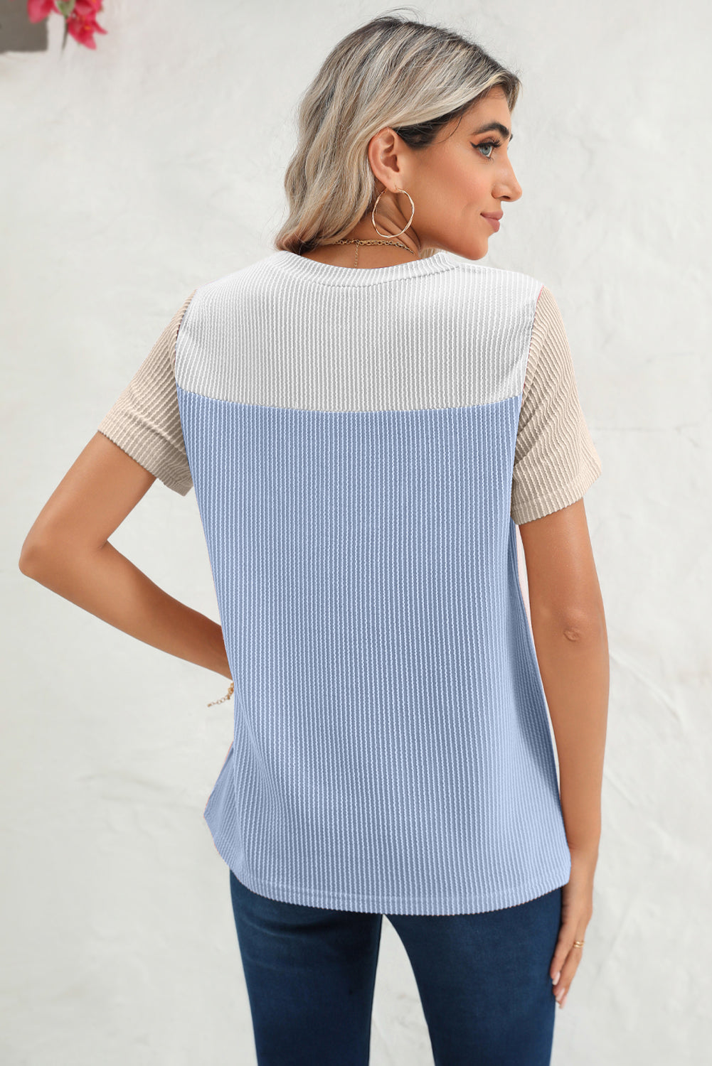 Ribbed Textured Colorblock T Shirt