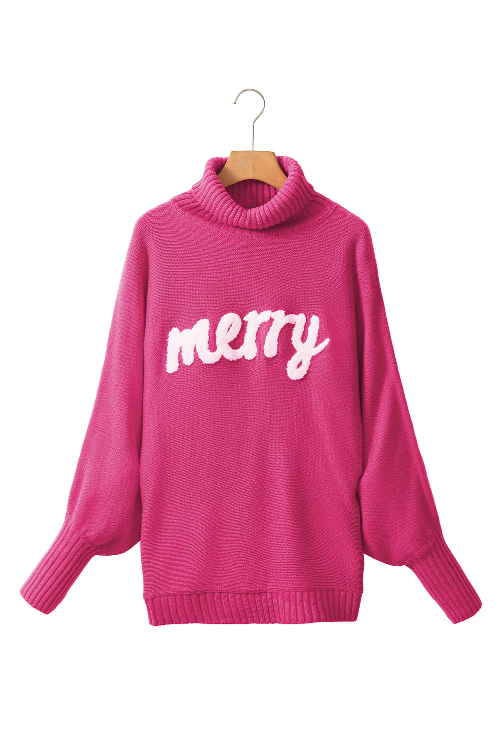 Red Turtle Neck Batwing Sleeve Merry Christmas Sweater