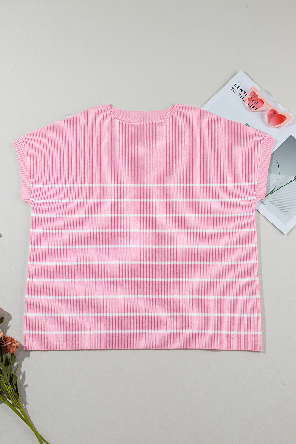 Pink Plus Size Ribbed Stripe Round Neck T Shirt