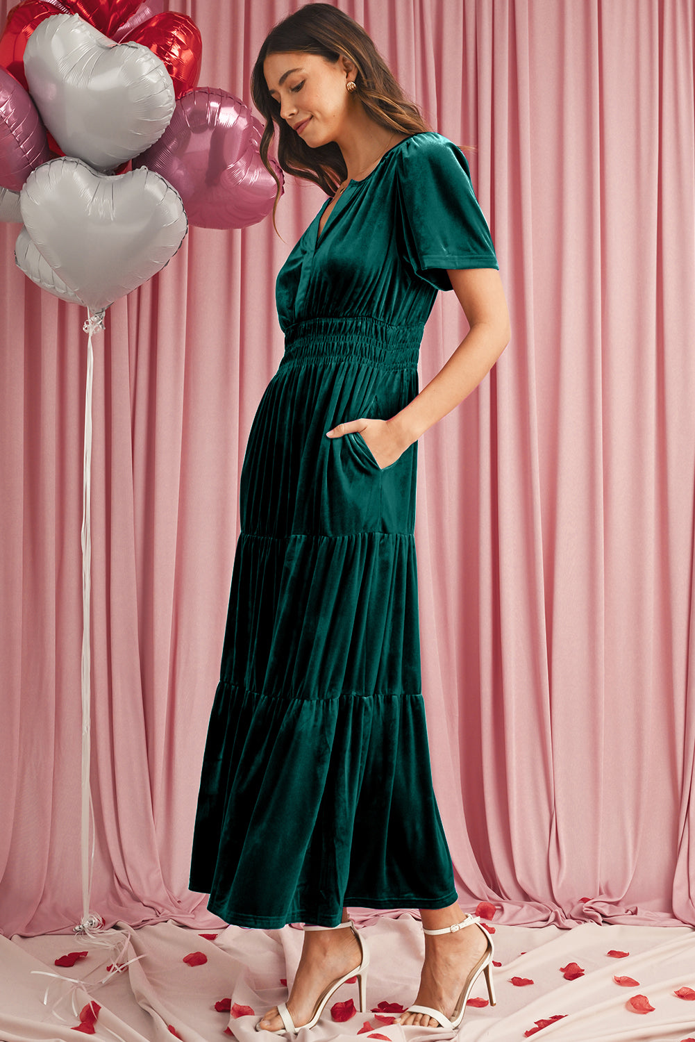 Evergreen Velvet Puff Short Sleeve Smocked Waist Tiered Maxi Dress