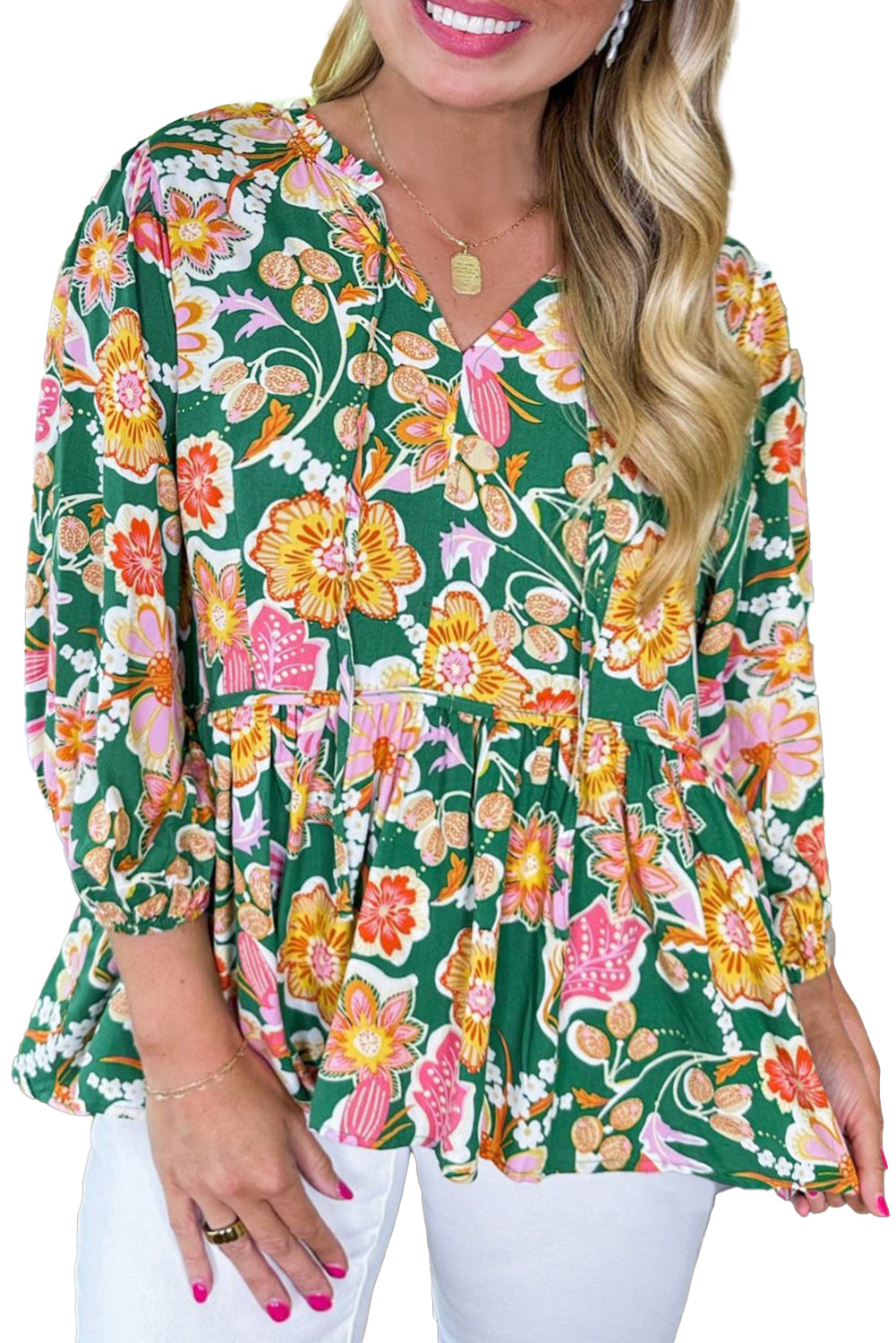 Green Floral Print V Neck Babydoll Top