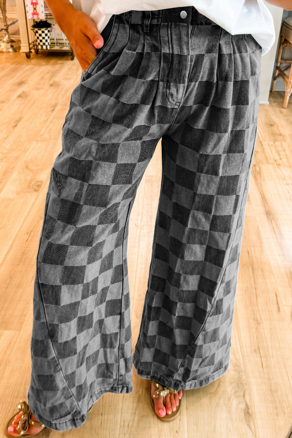 Checkered Light Washed Wide Leg Jeans