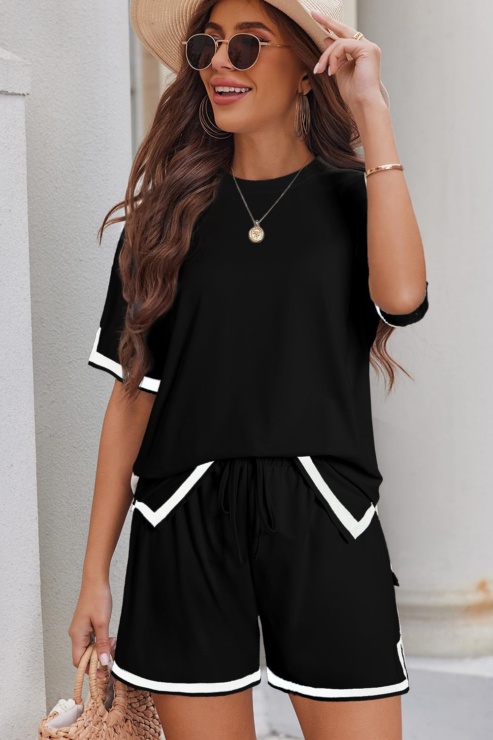 Trim Round Neck Tee and Drawstring Shorts Set