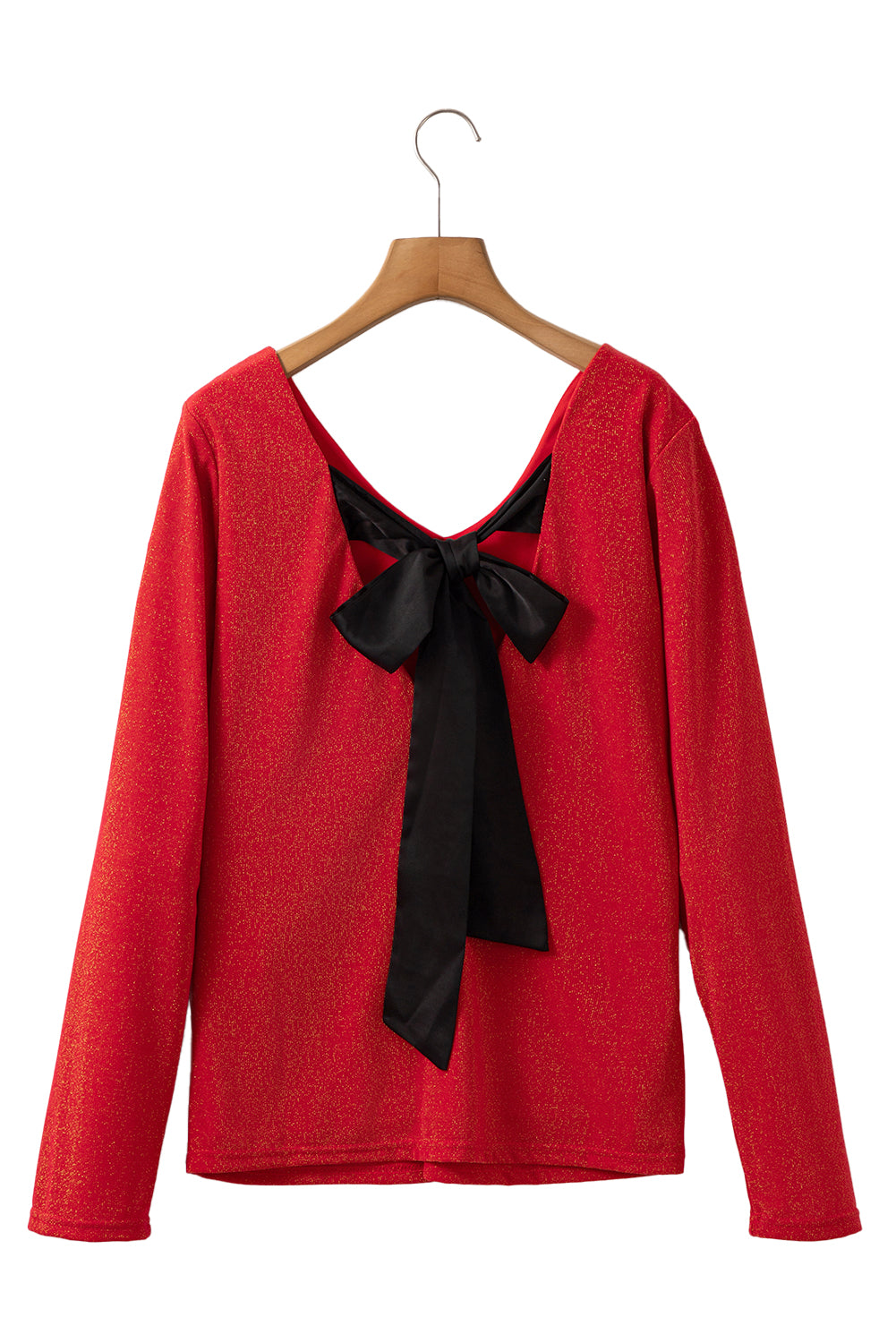 Racing Red Sweet Bowknot Backless V Neck Long Sleeve Top