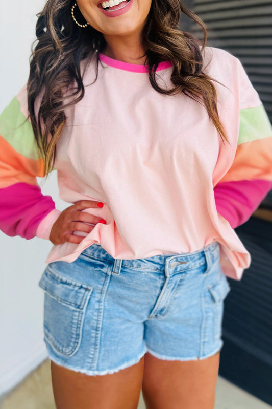 Pink Colorblock Patchwork Long Sleeve Top