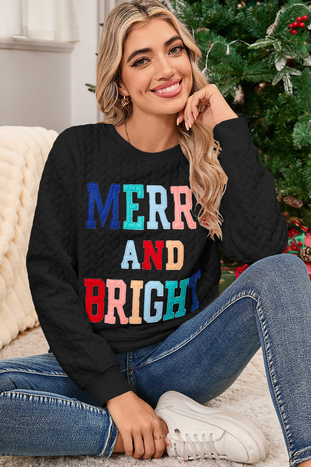 Blackish Green Merry And Bright Quilted Sweatshirt