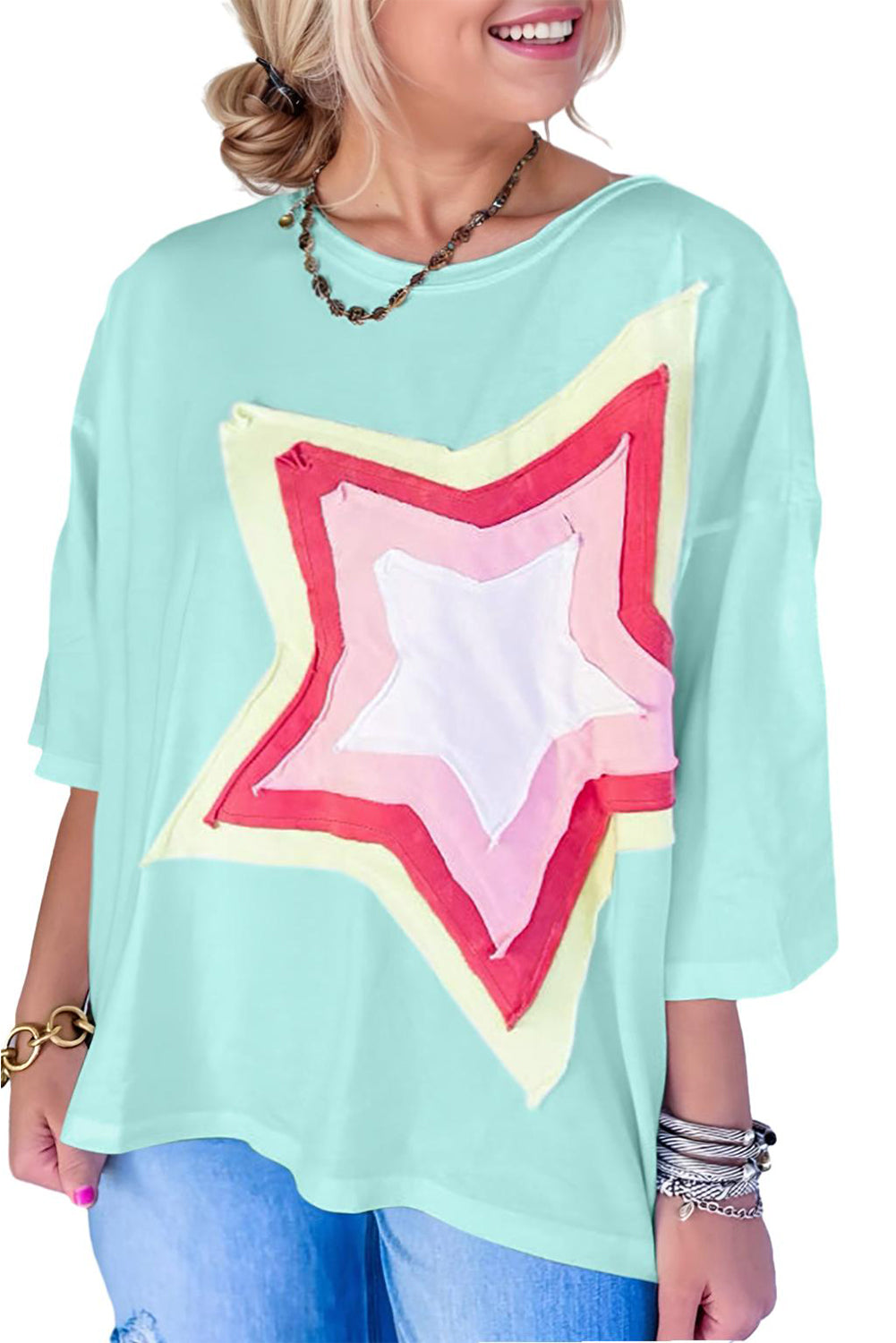 Moonlight Jade Colorblock Star Patch Plus Size Top