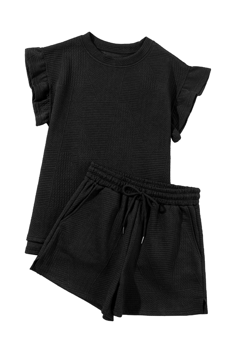 Textured Ruffle Split Top and Drawstring Shorts Set