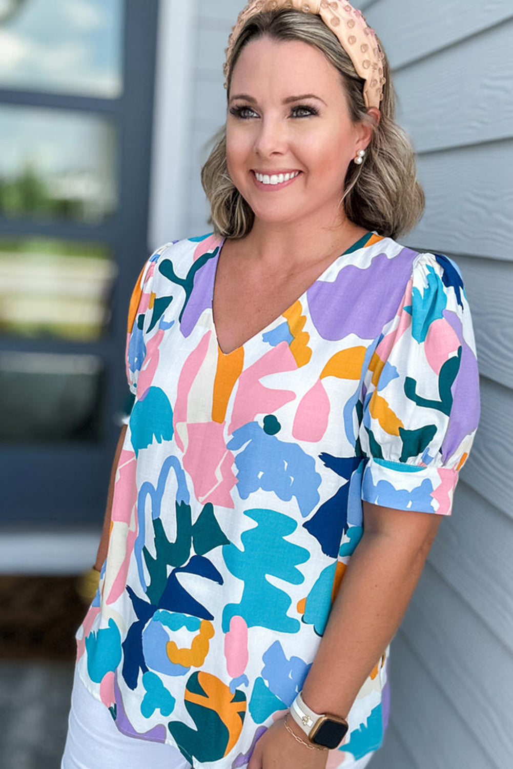 Sky Blue Plus Abstract Print Puff Short Sleeve V Neck Top