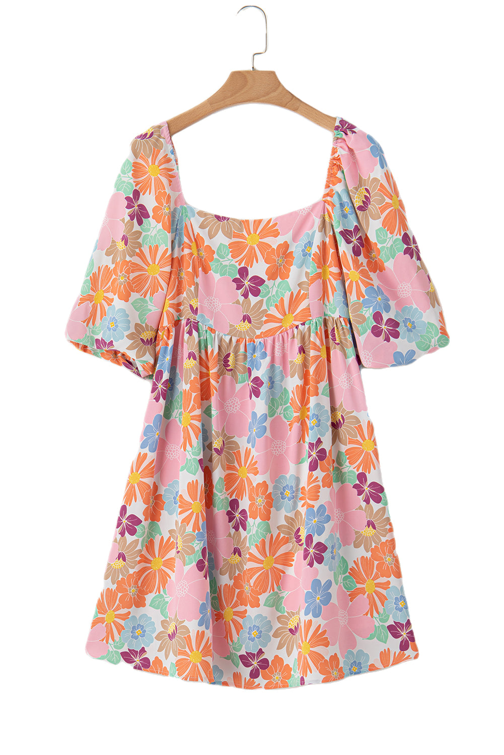 Rose Summer Floral Square Neck Puff Sleeve Babydoll Dress