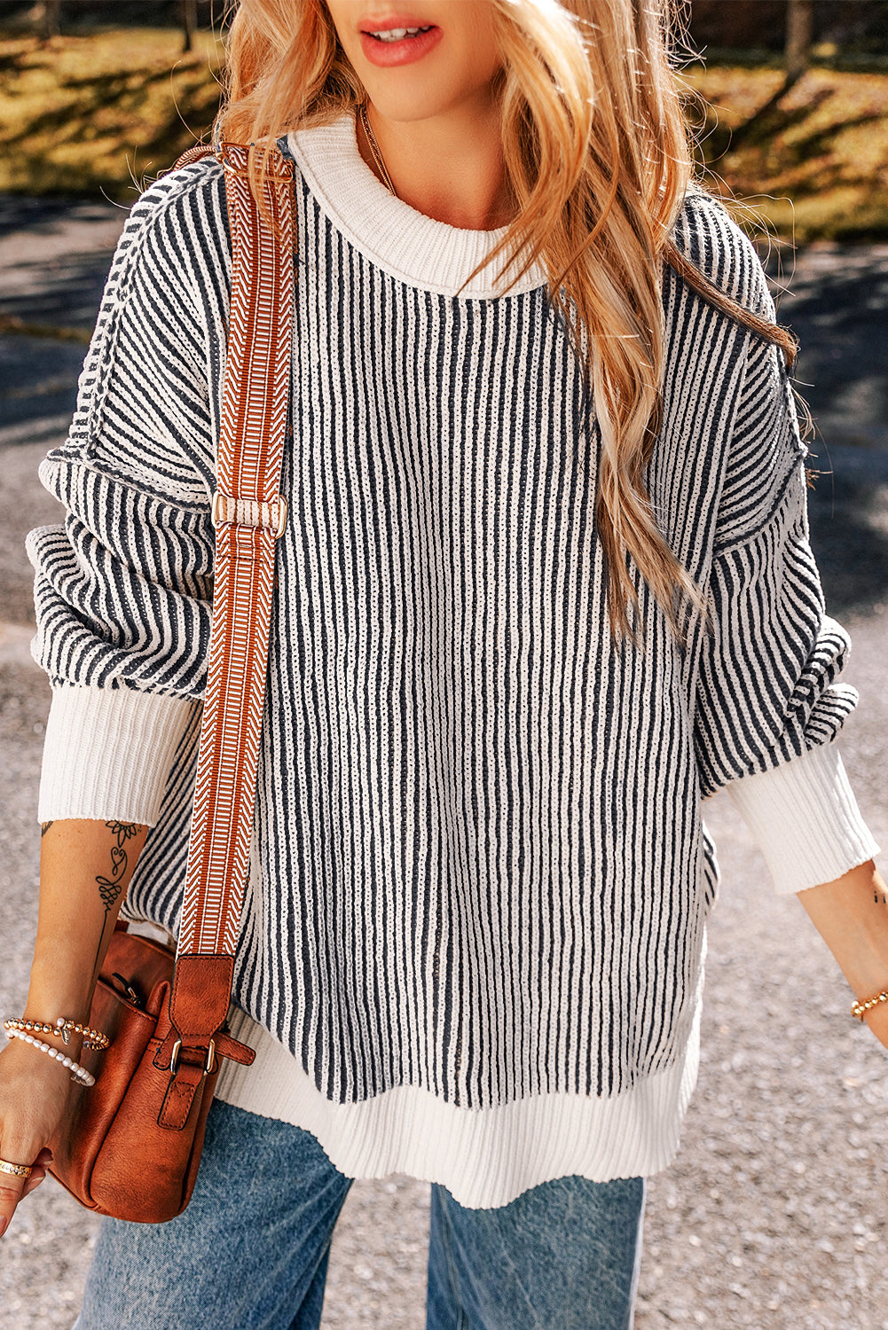 Striped Contrast Trim Loose Sweater