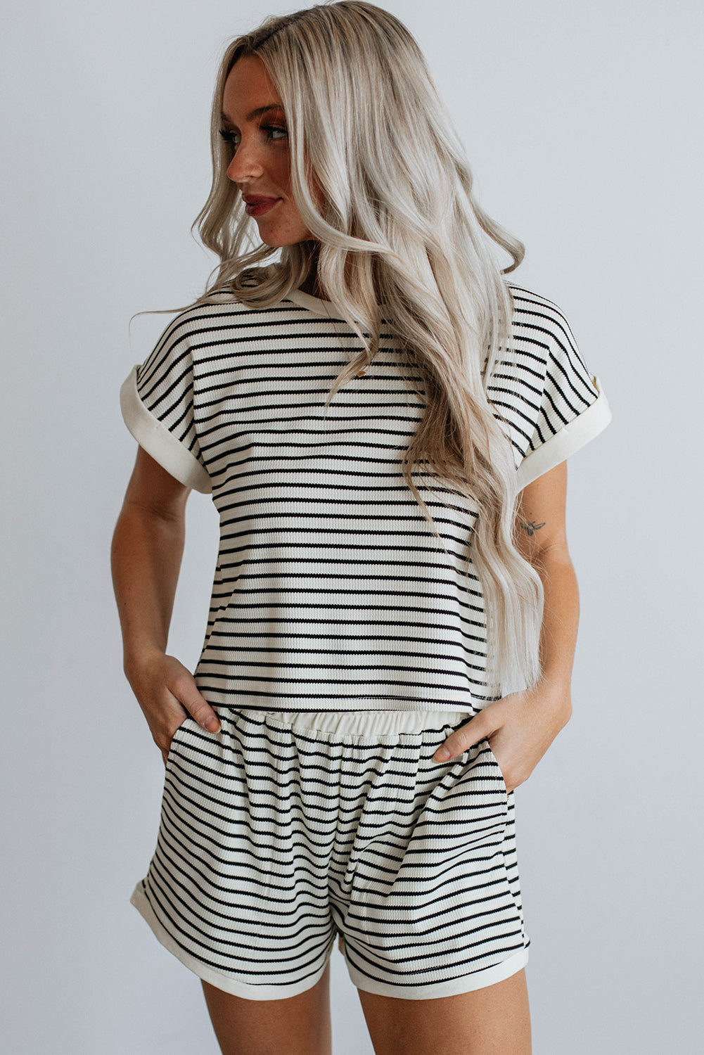 White Stripe Contrast Trim Rib Tee and Pocketed Shorts Set