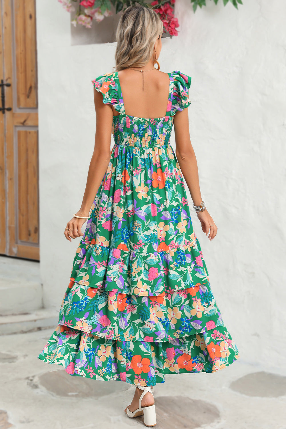 Boho Floral Print Ruffle Sleeveless Tiered Maxi Dress