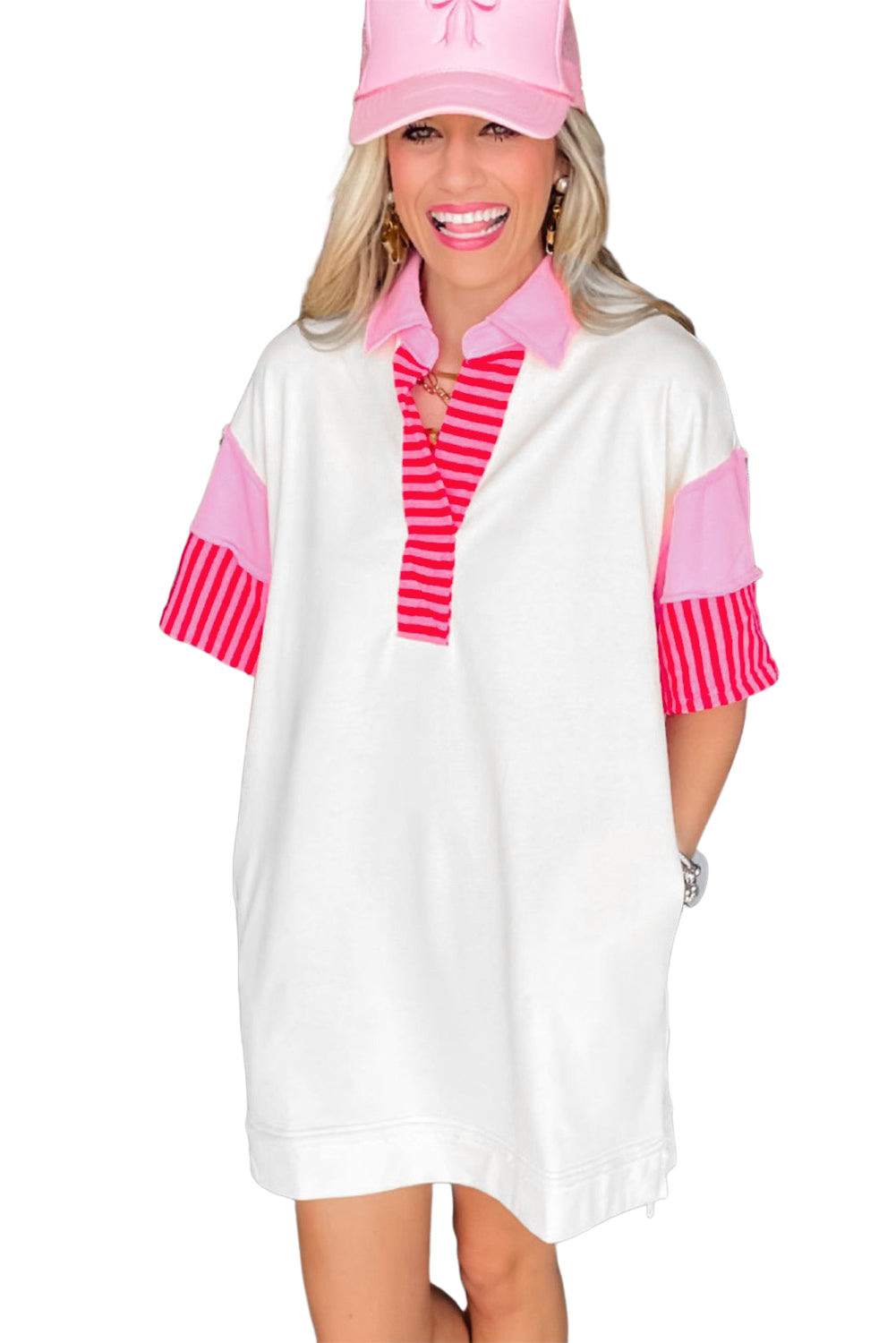 Pink Stripe Colorblock Sleeve Collared Mini Dress