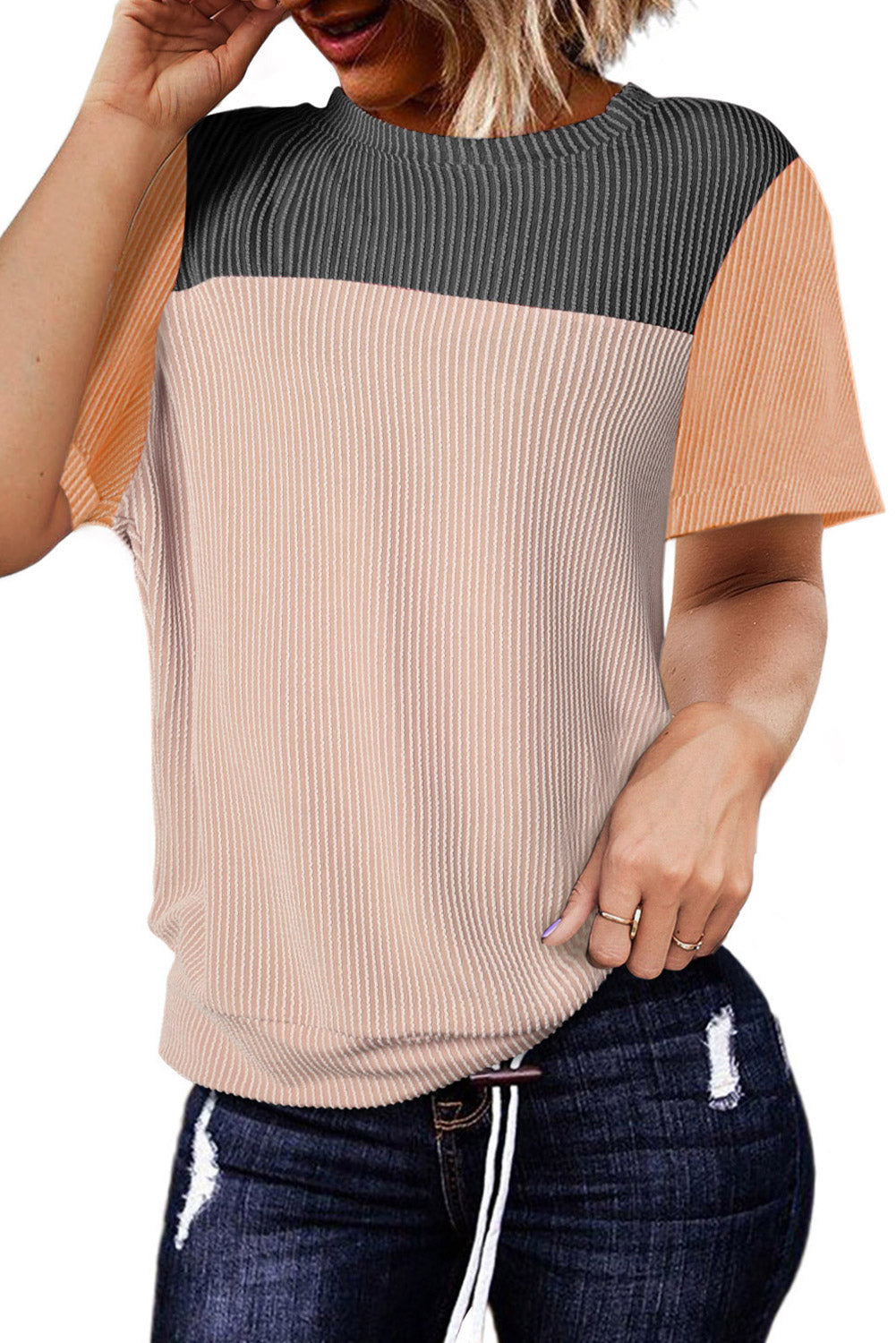 Ribbed Textured Colorblock T Shirt