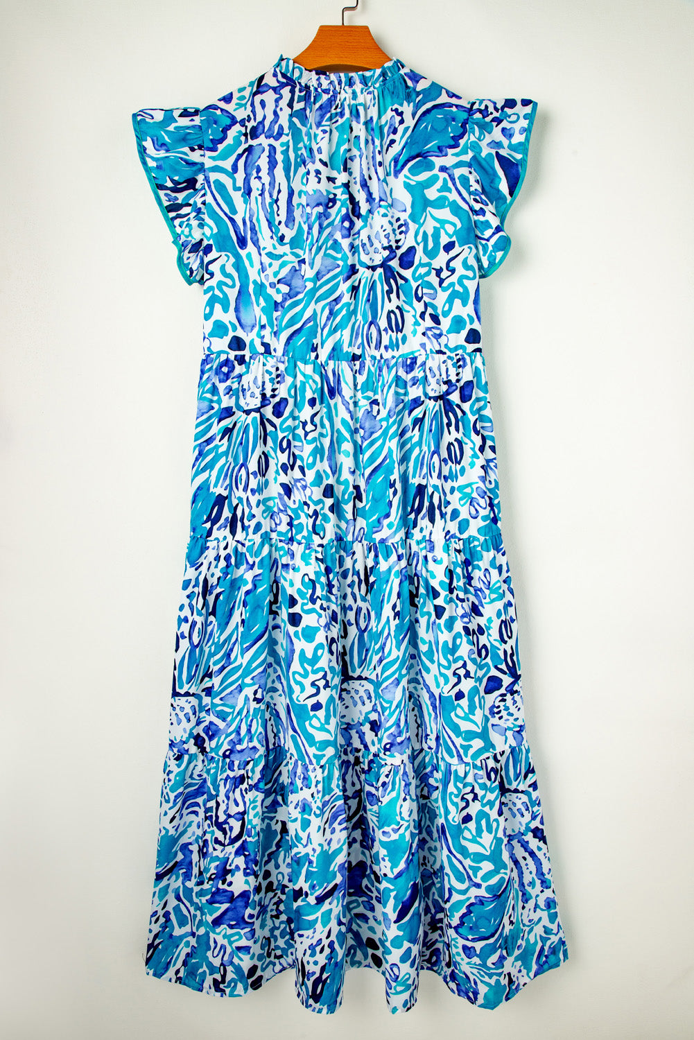 Sky Blue Abstract Print Split Neck Ruffle Tiered Dress