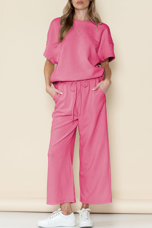 Textured Loose Fit T Shirt and Drawstring Pants Set